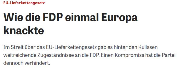Es wird immer klarer: Der FDP geht es überhaupt nicht um inhaltliche Kritik sondern um eine Totalblockade! Um das EU-Lieferkettengesetz zu retten wollte Brüssel auf fast alle Kritikpunkte der Liberalen eingehen, aber die FDP sagt weiter nein! 
zeit.de/wirtschaft/202…