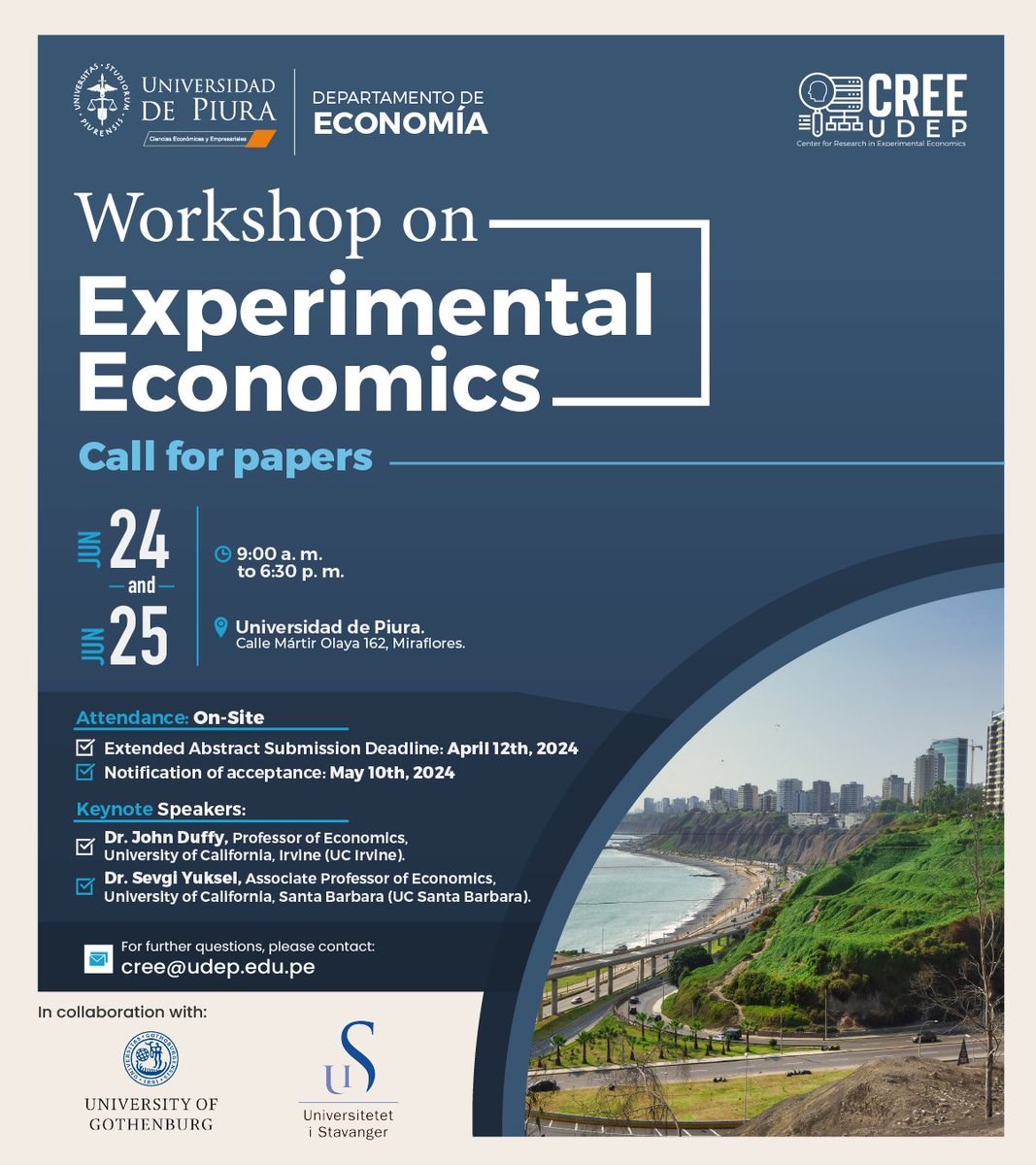We invite you to the Workshop in Experimental Economics, June 24th and 25th in Lima, Peru 
🗓️ Please submit your talk by April 12th at the following link: bit.ly/49F5LdB.