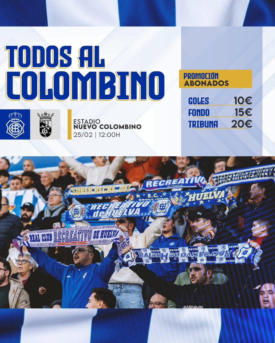 📣 𝐓𝐎𝐃𝐎𝐒 𝐀𝐋 𝐂𝐎𝐋𝐎𝐌𝐁𝐈𝐍𝐎📣

🎟️ ¡Nueva promoción! Los 𝐀𝐁𝐎𝐍𝐀𝐃𝐎𝐒 del #Decano podrán comprar entradas con descuento para el partido #RecreCeuta, hasta el viernes.

📲𝗩𝗘𝗡𝗧𝗔 𝗢𝗡𝗟𝗜𝗡𝗘 en 'Soy amig@ abonado'.
➡️ En la web del #Recre (enlace en la bio)
📍