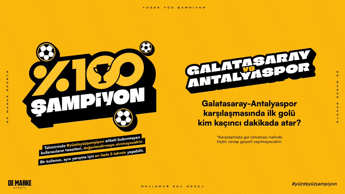 🤔 Galatasaray-Antalyaspor karşılaşmasında ilk golü kim kaçıncı dakikada atar?

🌟 #yüzdeyüzşampiyon etiketiyle doğru tahmini yapan ilk takipçimiz bizden tuttuğu takımın taraftar ürününü kazanacak!

📢 Etiket bulunmayan tweetler, değerlendirmeye alınmayacaktır.