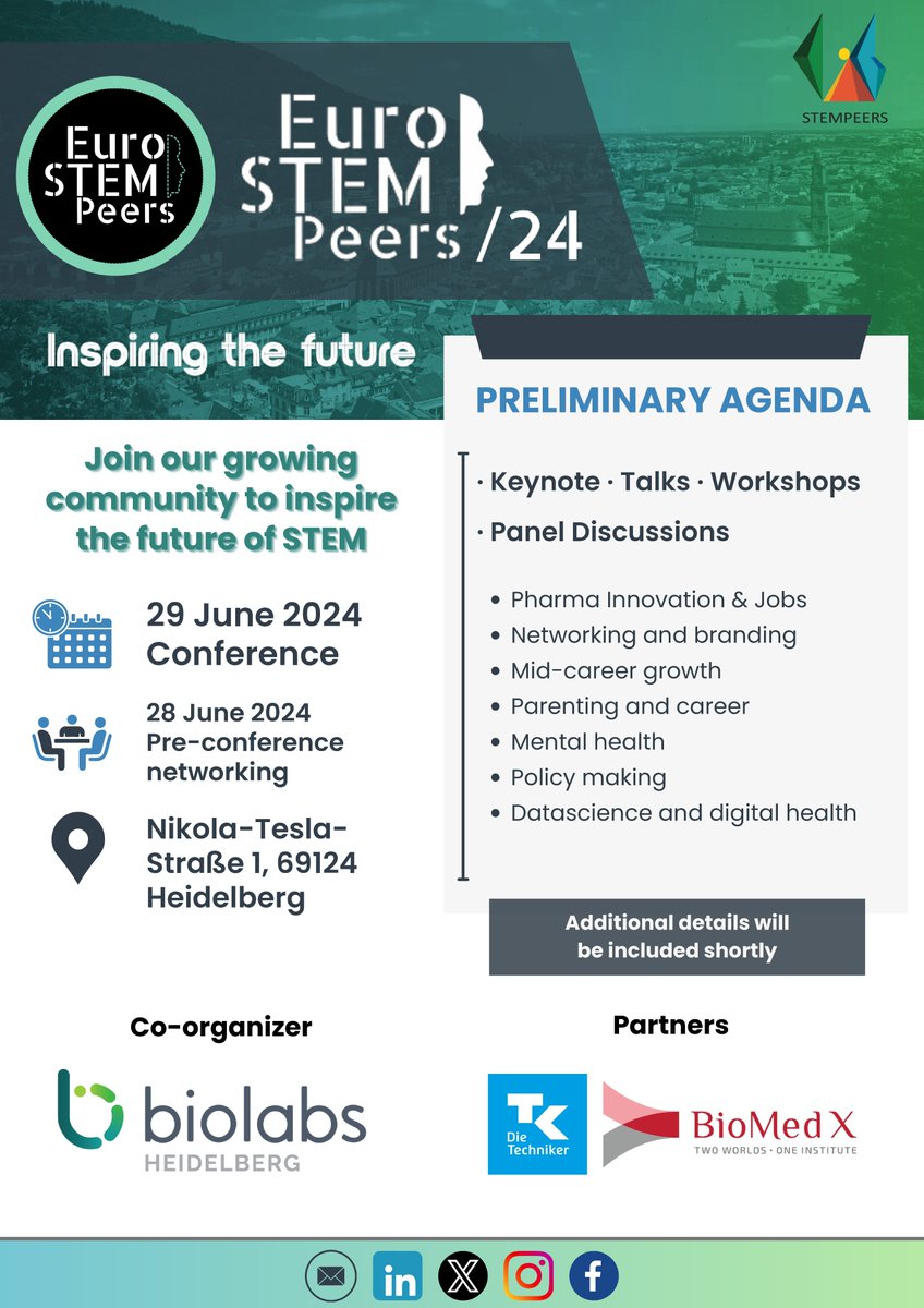EuroSTEMPeers (@stemeuro) on Twitter photo 🗓️Save the Date! EuroSTEMPeers 2024 is coming to Heidelberg on June 28th-29th!
June 28: Pre-conference networking
June 29: Conference
Join us for engaging sessions on various interesting sessions
For inquiries and participation details, contact us at eurostempeers@gmail.com 🗓️Save the Date! EuroSTEMPeers 2024 is coming to Heidelberg on June 28th-29th!
June 28: Pre-conference networking
June 29: Conference
Join us for engaging sessions on various interesting sessions
For inquiries and participation details, contact us at eurostempeers@gmail.com