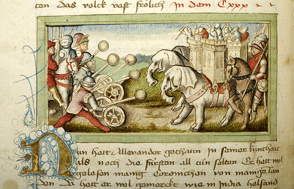 Das heutige #HSC_Bildraetsel zeigt Alexander, wie er und seine Helfer die Elefanten des Porus besiegen. Johannes Hartlieb liefert dazu den Text. Die gesuchte Handschrift liegt heute nicht mehr im deutschsprachigen Raum.
