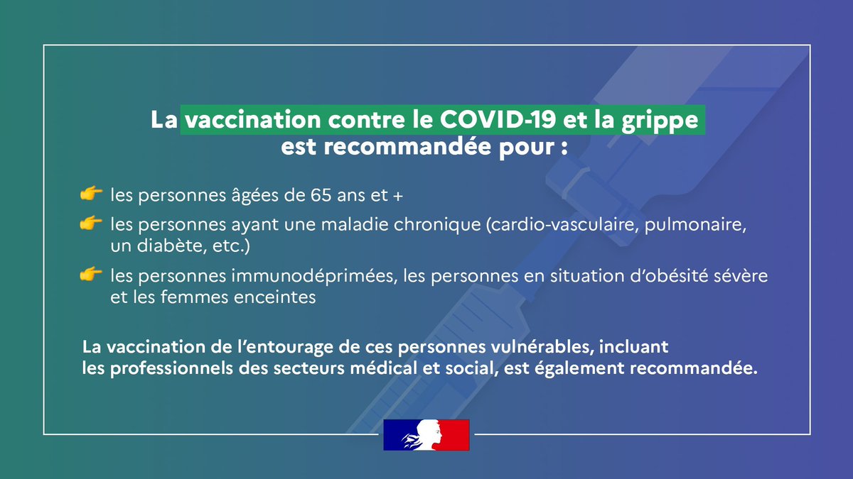 #VirusDeLHiver | La double #vaccination protège contre les formes sévères de la grippe et le #Covid19.

👉 Elle est recommandée pour les personnes fragiles, c'est-à-dire les plus exposées aux risques de formes graves.

RDV chez un pro. de santé ou sur sante.fr