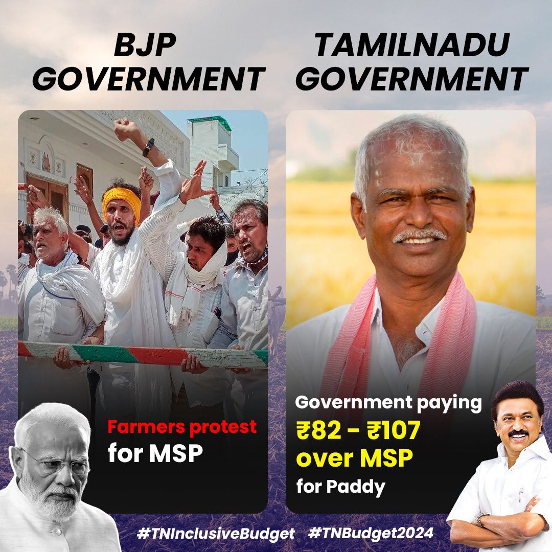 Tamil Nadu's commitment to its farmers is exemplary, with prices for rice crops exceeding MSP. While farmers protest in Delhi for fair prices, TN govt leads by example. #TNInclusiveBudget #TNBudget2024