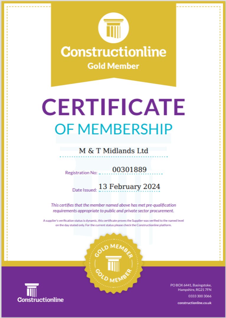 We are pleased to announce that we have achieved Constructionline Gold Membership status for 2024. The accreditation provides confidence that we meet tender prequalification conditions and aligns us with #construction #industry #standards. mtmidlands.co.uk 024 7610 0342