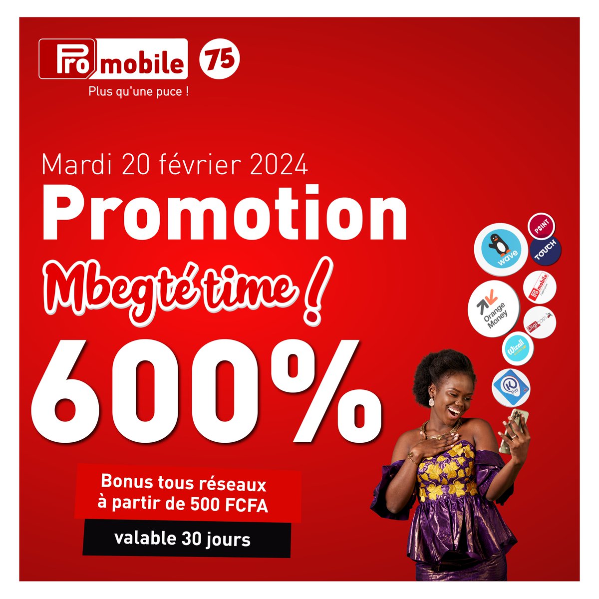 promobilesn's tweet image. Ñu dikkaat ak yeen ci Mbegté time bi ! 
Bénéficiez aujourd’hui de 𝟔𝟎𝟎% 𝐝𝐞 𝐛𝐨𝐧𝐮𝐬 sur vos recharges dès 𝟓𝟎𝟎 𝐟𝐜𝐟𝐚 via le kalpé de votre choix !
#promobilesénégal #promobile #Mbegtémi #madeinsenegal #SunuMoomel