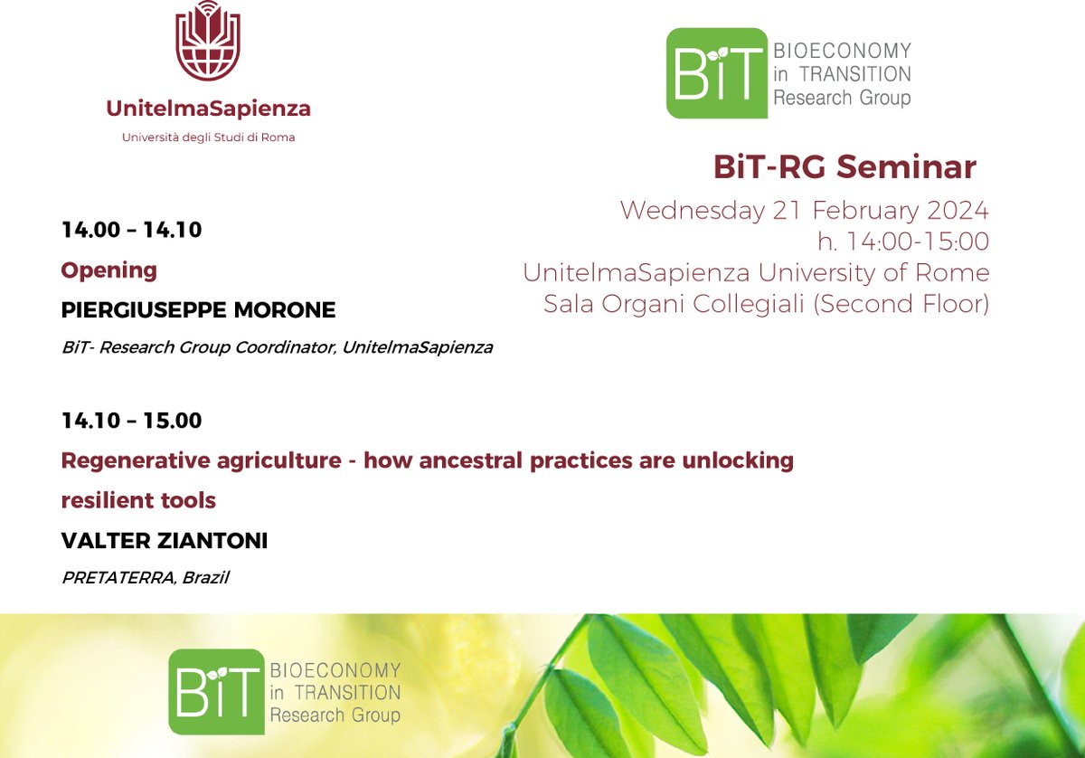 BioeconomyTransition (@bit_rg) on Twitter photo On Wednesday 21st February at 14:00 at @UnitelmaSapienza premises, will take place the BiT-RG seminar titled “Regenerative agriculture: how ancestral practices are unlocking resilient tools.” held by Valter Ziantoni, Founder of
<a href="/aPRETATERRA/">PRETATERRA</a>
#RegenerativeAgriculture #Seminar On Wednesday 21st February at 14:00 at @UnitelmaSapienza premises, will take place the BiT-RG seminar titled “Regenerative agriculture: how ancestral practices are unlocking resilient tools.” held by Valter Ziantoni, Founder of
<a href="/aPRETATERRA/">PRETATERRA</a>
#RegenerativeAgriculture #Seminar