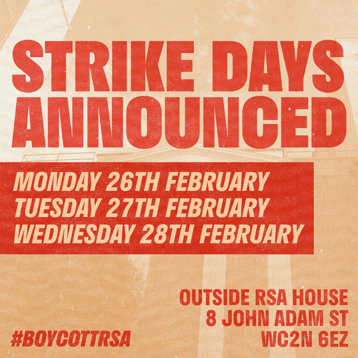 RsaUnion's tweet photo. We’ll continue to strike and #boycottRSA until we’re able to reach a resolution where @theRSAorg workers are paid fairly and treated with respect ✊ please join us outside RSA House next week! (timings tba) https://t.co/vsBsGfWXWO