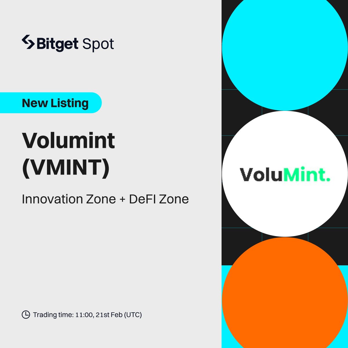 bitget's tweet photo. 🆕 New Listing @Volumint 

#Bitget will list VMINT/USDT with up to 2.8 million $VMINT for you to grab! 🔥

🔹Deposit: opened
🔹Trading starts: 11:00, Feb 21 UTC

🎁 A total $100 #giveaway for 10 members
✅ Follow, RT &amp; tag 3 friends!