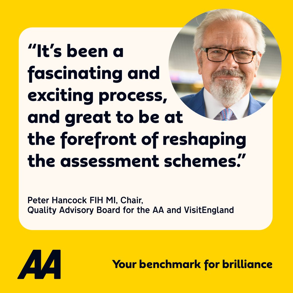 AAHospitality's tweet photo. “It’s been a fascinating and exciting process, and great to be at the forefront of reshaping the assessment schemes.” - Peter Hancock FIH MI, Chair – Quality Advisory Board for @VisitEnglandBiz and the AA

Learn more about how we #BenchmarkForBrilliance > https://t.co/2T41YKVQSc https://t.co/rSSJujtAko