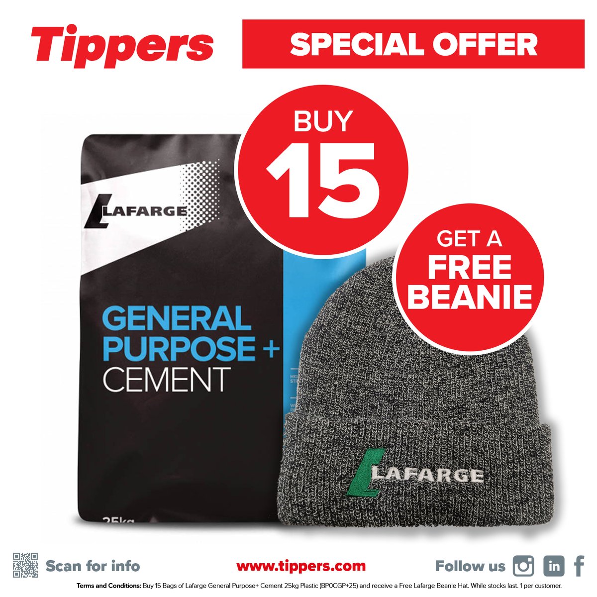 Grab yourself a Free Beanie at your Local Branch! 🎩 Buy 15 Bags of Lafarge General Purpose+ Cement 25kg (Plastic) and get a Free Lafarge Beanie! While stocks last! Buy online: tippers.com/products/lafar… Find your local branch here: tippers.com/stores.html