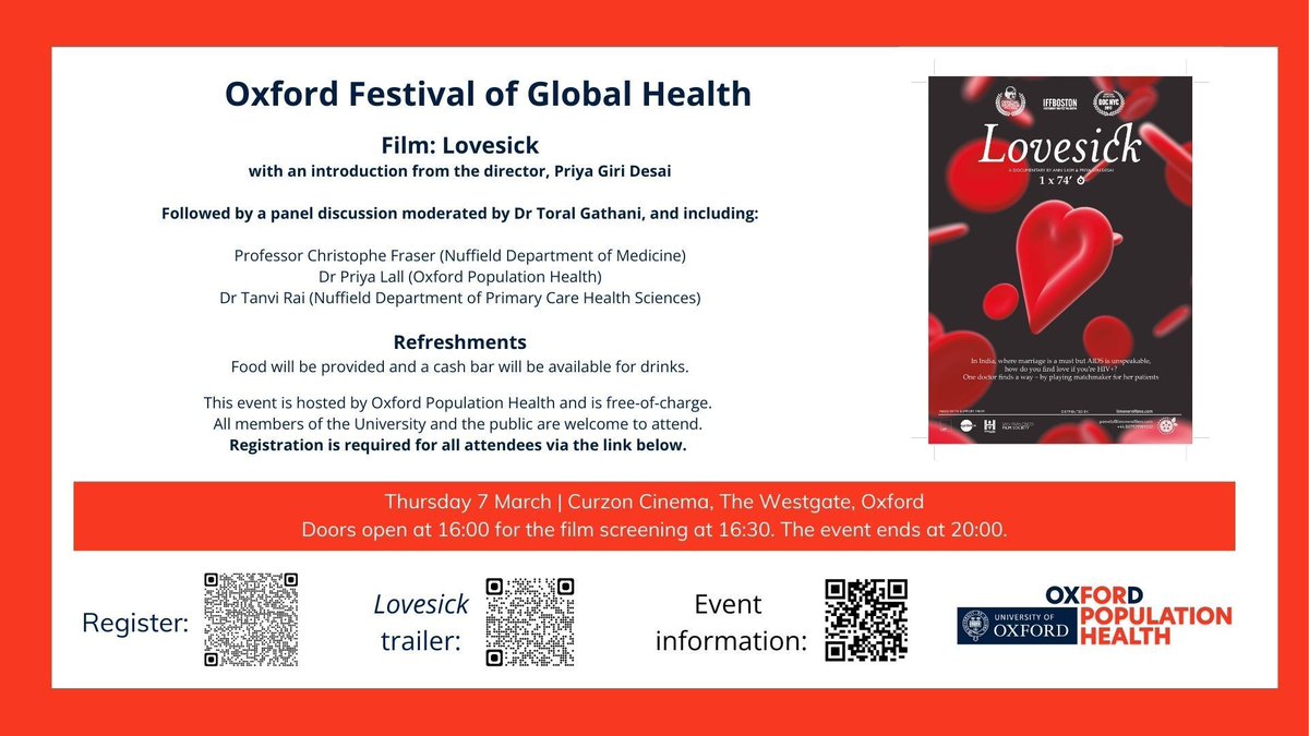 🎥 EVENT: Screening of ‘Lovesick’ at @CurzonOxford. Film followed by a panel discussion and refreshments. 🍕 Food provided, open to members of the University and the public. Register now 👉 buff.ly/3SMa9R9 @OxfordMedSci @UniofOxford