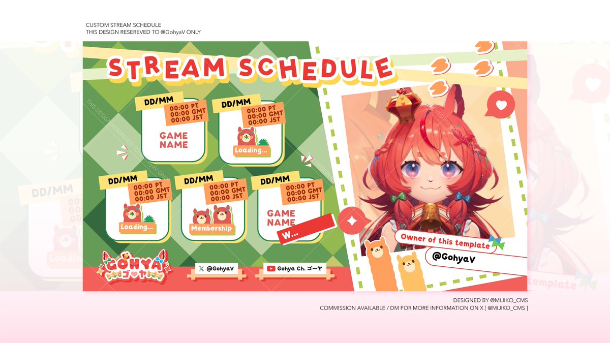 mijiko_cms's tweet photo. 𝐶𝑈𝑆𝑇𝑂𝑀 𝑆𝑇𝑅𝐸𝐴𝑀 𝑆𝐶𝐻𝐸𝐷𝑈𝐿𝐸 𝐷𝐸𝑆𝐼𝐺𝑁 𓂃🪄
for @GohyaV
_________________________________
Thank you for the request and Congratulations on your debut ! 🌻😳
#Vtuber #vtubercommission #commissionsopen
#VtuberTH #GraphicDesignCommission #mijiko_cms https://t.co/uWhgLKB2kt