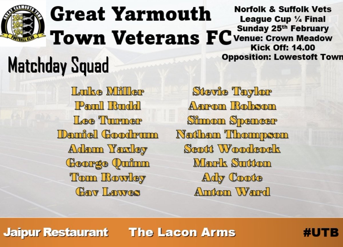 This Sunday we go to Crown Meadow to take on a very strong Lowestoft Town for a place in the Semi Finals of the League Cup!

Perfect timing for us to get the strongest squad we've had all season, no excuses, may the best team win 💪

Up The Bloaters 🧡🖤