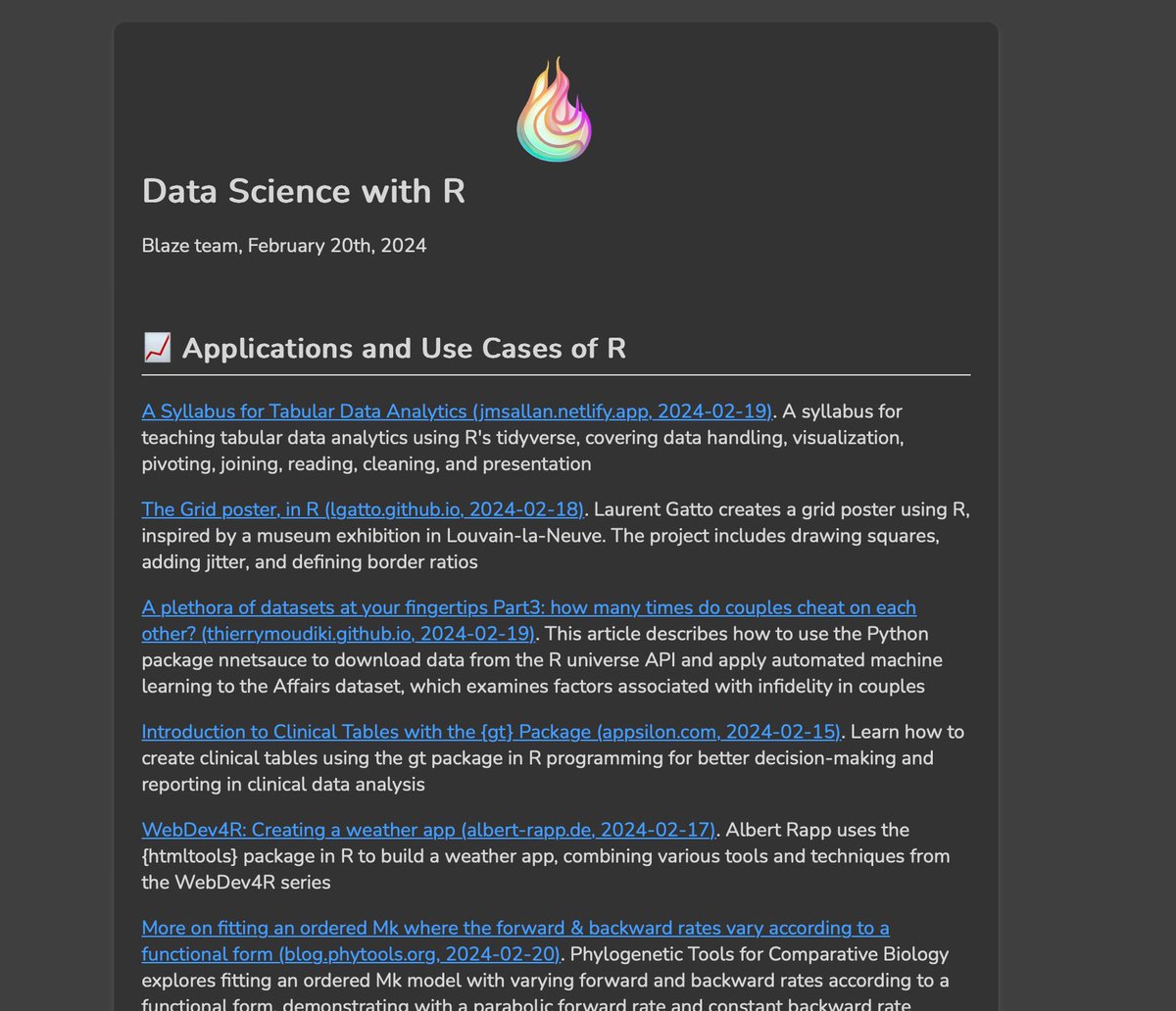Data science with R: blaze.email newsletter just out! A digest of everything from the #rstats community over the last week. 📄 PDF version here: buff.ly/3SWhY8j ✉️ or subscribe to get future editions by email buff.ly/3w3IbZE Thanks! 😊