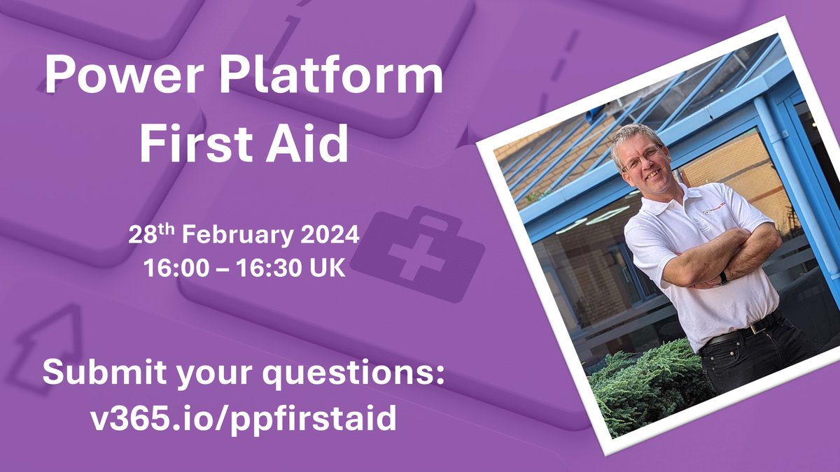 Matt Weston | MVP | MCT | @Vantage365UK | #FlowFam (@mattweston365) on Twitter photo We have our 2nd #PowerPlatform First Aid session on the 28th February at 16:00UK. Do you have a question which you'd like us to tackle? Ask Pieter (<a href="/PieterVeenstra/">Pieter Veenstra, Microsoft MVP</a>) and myself those questions that are challenging you:
v365.io/ppfirstaid
#PowerApps #PowerAutomate We have our 2nd #PowerPlatform First Aid session on the 28th February at 16:00UK. Do you have a question which you'd like us to tackle? Ask Pieter (<a href="/PieterVeenstra/">Pieter Veenstra, Microsoft MVP</a>) and myself those questions that are challenging you:
v365.io/ppfirstaid
#PowerApps #PowerAutomate