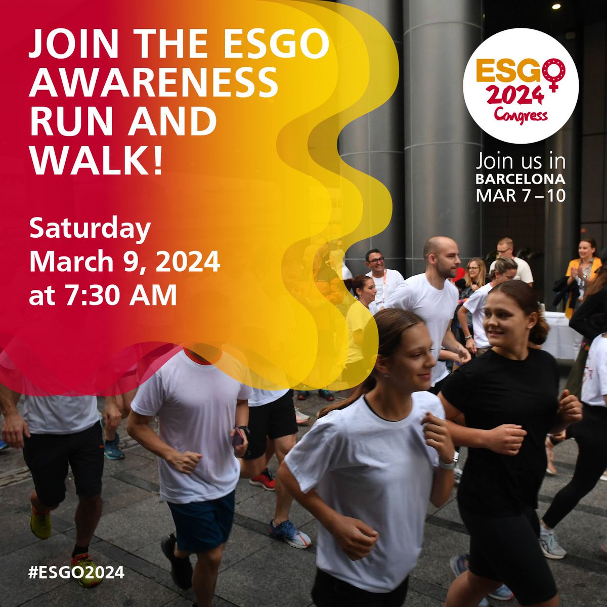 ESGO_society's tweet photo. Join the #ESGO Awareness Run &amp; Walk at the #ESGO congress in Barcelona on the 9th of March! Help us raise awareness to combat women's cancers. Register now: https://t.co/YGpsWviJp2
@enygo @engage.esgo
#ESGO2024 #ESGORunWalk #Barcelona2024 #BeatCancer https://t.co/hxIirwGAiQ