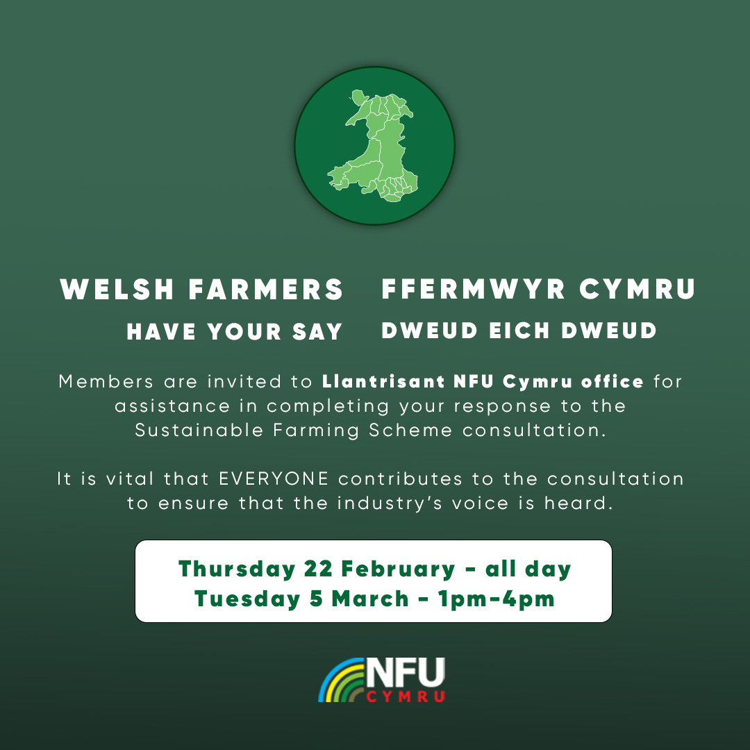 NFU Cymru North Glamorgan are urging farmers and rural businesses to respond to the Welsh Government's Sustainable Farming Scheme consultation before March 7th. Members are invited to Llantrisant NFU Cymru office on the below dates for assistance in completing your response.
