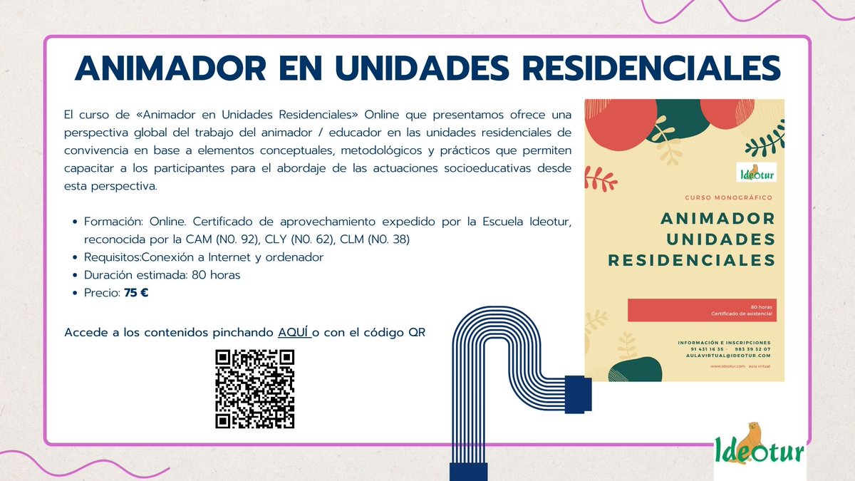 IDEOTUR's tweet photo. Curso de Animador en unidades residenciales. 80 horas Online 75€ https://t.co/wxTntFOU2T 
#formación #formaciónonline #animador #animación #escuelaideotur https://t.co/AT44grPX8y