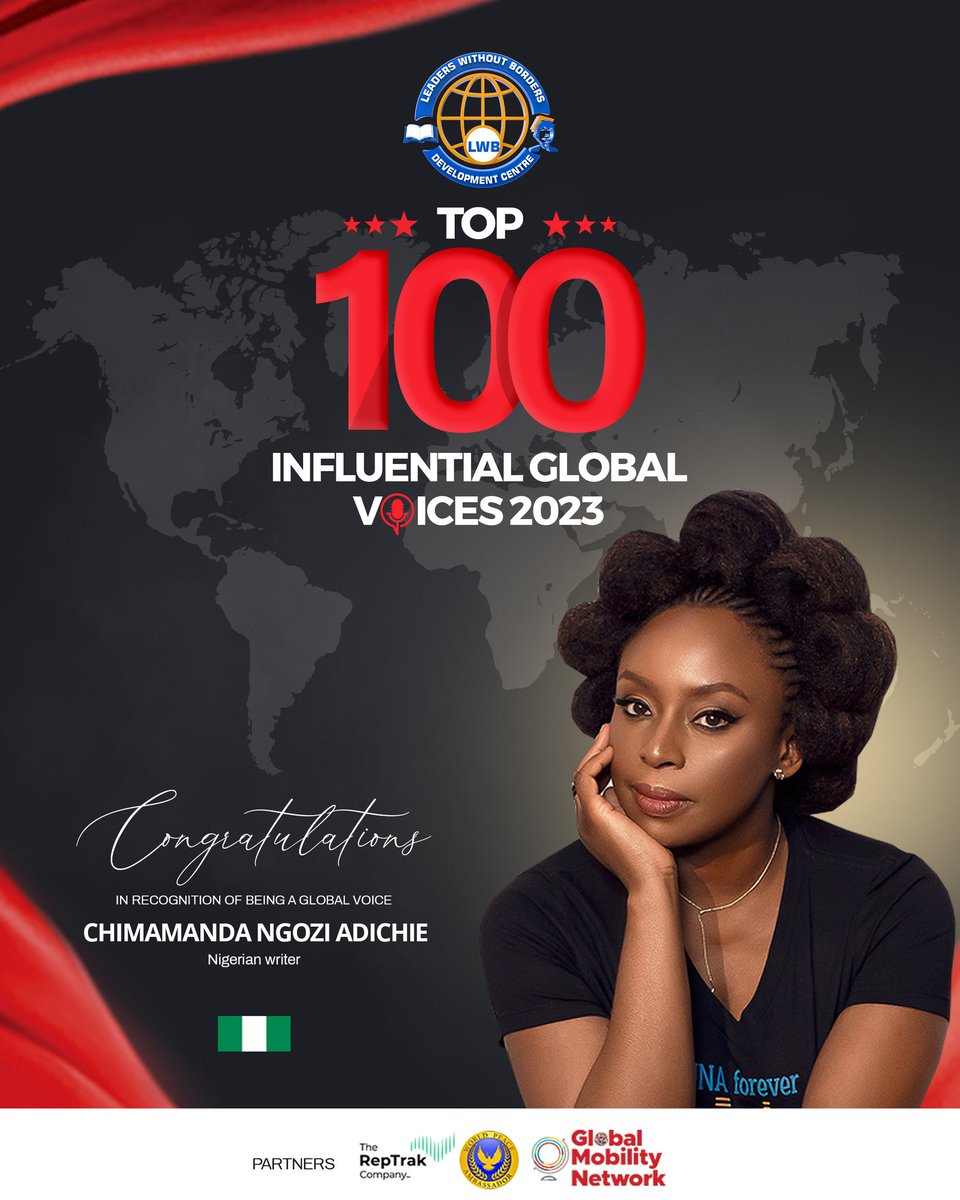 lwbdevcentre's tweet photo. @ChimamandaReal Ngozi Adichie has been ranked as one of the 100 Top Influential Global Voices 2023/2024 by the Leaders Without Borders Development Centre. 

@ChimamandaReal is a Nigerian writer whose works include novels, short stories, &amp; nonfiction.

https://t.co/LqygZqDsxR https://t.co/0RgTYnotV5