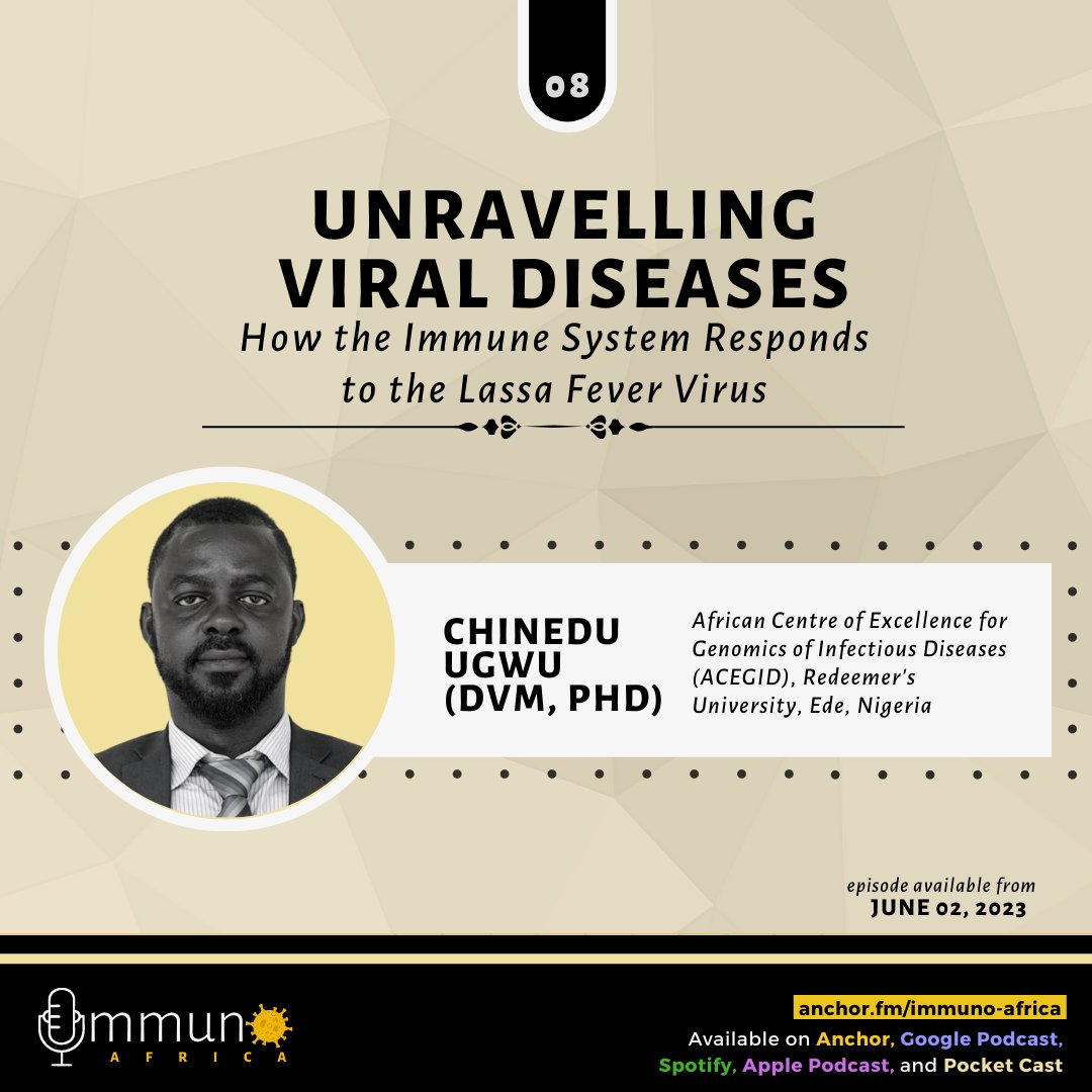 Our episode with Dr. Chinedu Ugwu, @ojembaenweilo85, last year, explored #immuneresponse to the Lassa Fever Virus.

Listen to it on —
Apple Podcasts: apple.co/3MLwjjM
Google Podcasts: bit.ly/43mfhQm
Spotify: spoti.fi/3oMfTQ3
YouTube: youtu.be/845oq-6Iwr4