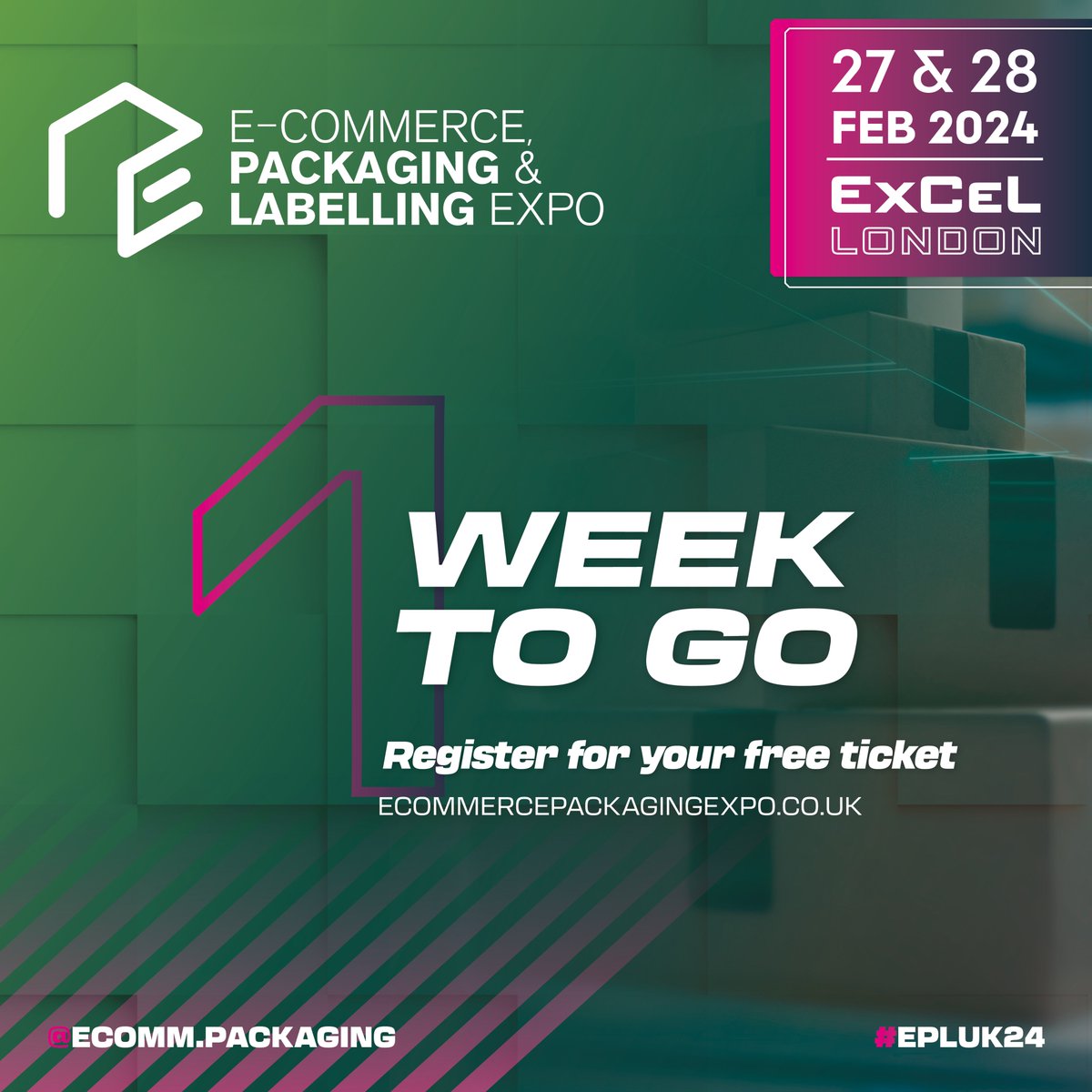 EcommPackaging's tweet photo. One week to go! 🗓️

There are now only a few days left until we open the doors of the ExCeL London for the 27th &amp; 28th of February!

Tickets are now limited, so make sure to get yours before time runs out 🕝 https://t.co/jtAnF6TVGk 🎫

#EPLUK24 #Packaging 📦 https://t.co/XPWDMWQyUE