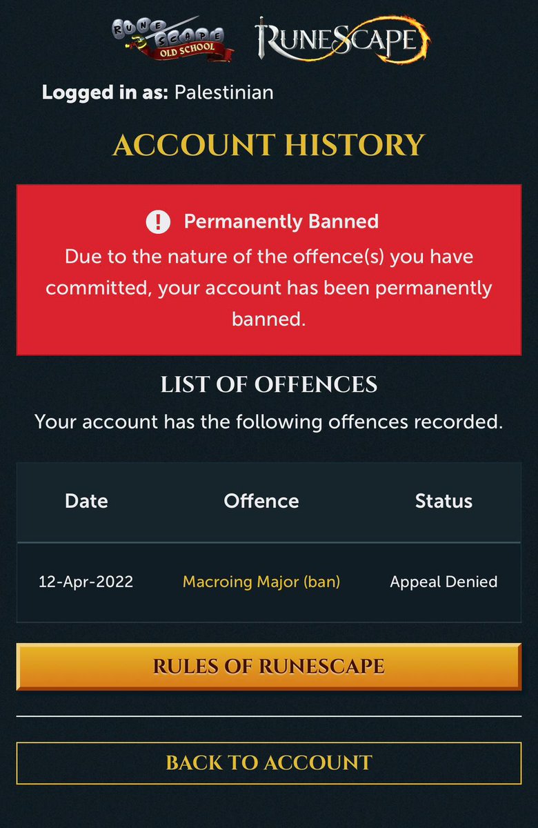 Mohammadou_'s tweet photo. @JagexSupport 
To whom it may concern:

I have been investigating the reasons I have been banned. And I believe I have figured it out. Please give me the time to explain. 
1. I have been banned because of macoring. Which I fully understand, however there is something to explain. 

2. My brother and I play RuneScape and we live in the same house, he was running a bot script at night while we were sleeping. And he wanted to show me that it worked well. So he ran it on my account and on his account. He was banned for 3 days since he was caught first. But the script kept running for a few more hours before we woke up. And it caught my account a couple hours after him. So it permanently banned me since the ip addresses are the same. Even tho it’s the same script. Yet we play different types of accounts. 

His account details are : 
ironjr@outlook.co.il
My account details are :
RSN: Palestinian
You will see that he was banned given 3 days only. And mine was permanently banned right away (In a few days).
