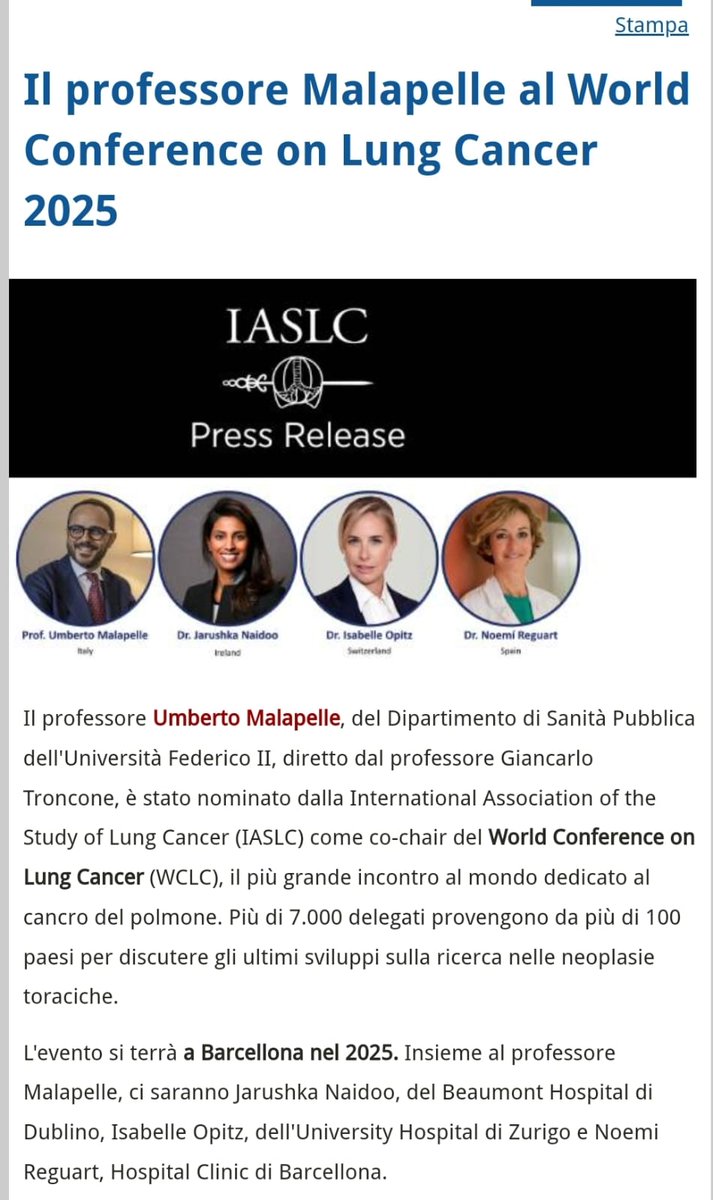 È un onore per il nostro gruppo annunciare che il Prof. @UmbertoMalapel1 è stato nominato dallo #IASLC co-chair del #WCLC2025, che si terrà a Barcellona insieme alla Prof. @DrJNaidoo , alla Prof. @IsaOpitz e alla Prof. @NReguart 🌋 @UninaIT unina.it/-/54322565-il-…