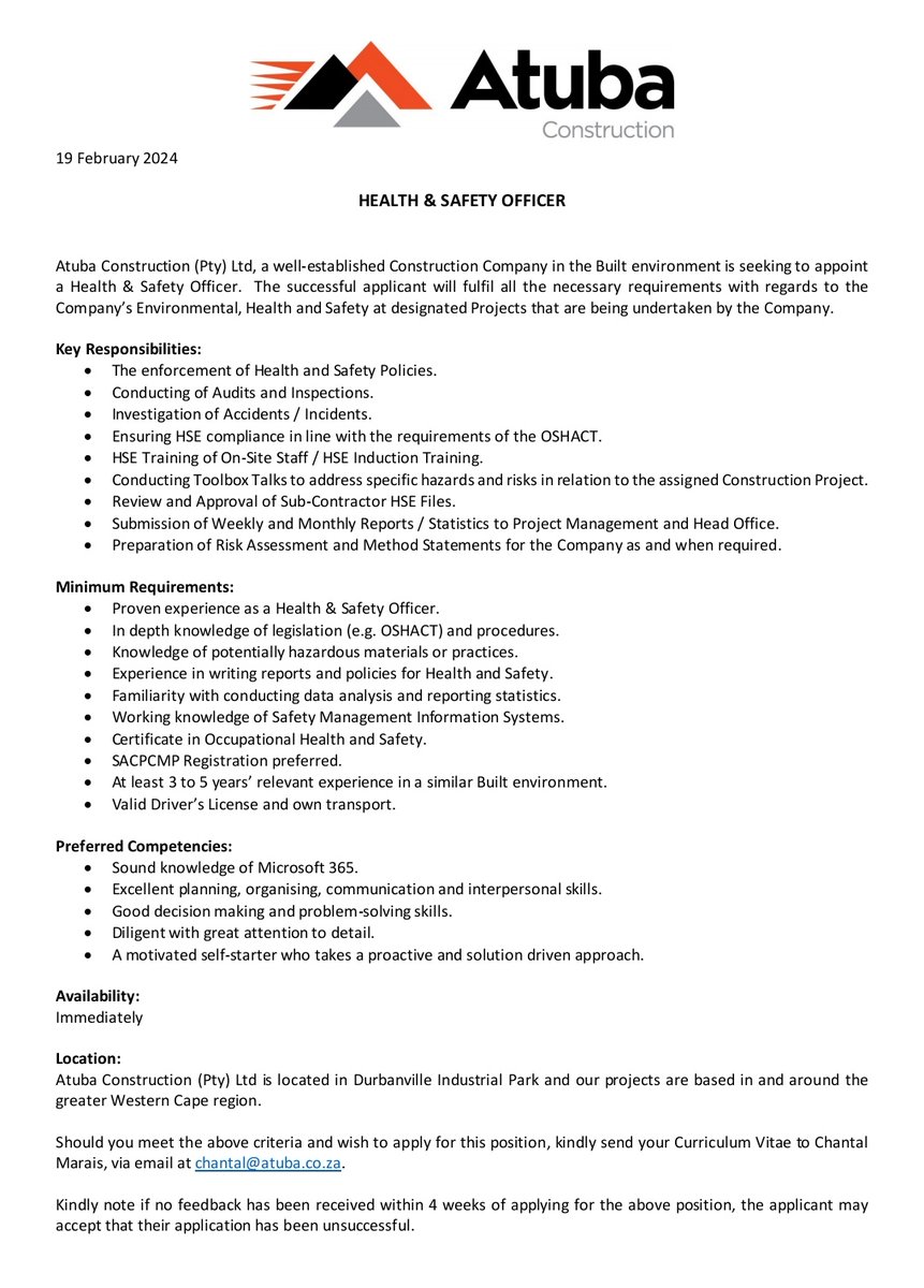 ATUBA is looking for a Health and Safety Officer! If you meet the required criteria, we encourage you to apply for this position. Please send your Curriculum Vitae to Chantal Marais via email at chantal@atuba.co.za. We look forward to hearing from you! #hiring #safetyofficer