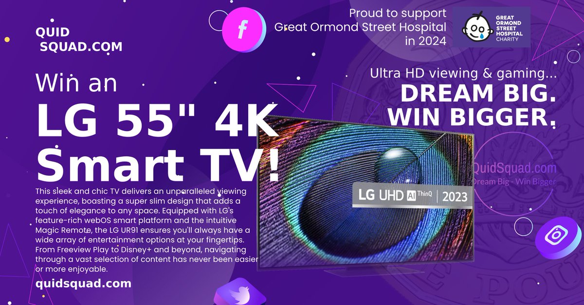 Up for grabs this Sunday is an brand new LG 55" 4K Smart TV! Sleek, vibrant and packed full of features this TV will make a big difference to how you watch TV &amp; play games! Want to win it? Join QuidSquad.com today &amp; you could be our next winner! #Prizes #win #QuidSquad