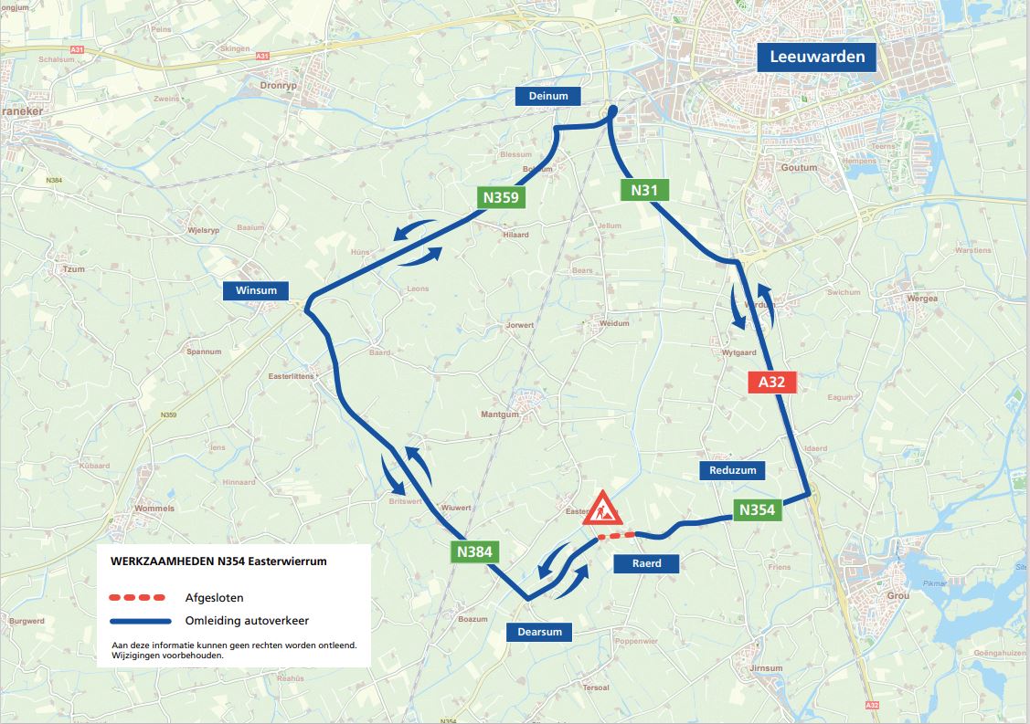 provfryslan's tweet photo. Wurk oan ‘e N354! Tussen maandag 4 maart en vrijdag 17 mei leggen we twee ovondes bij Raerd en Easterwierrum. Tijdens de werkzaamheden is de N354 tussen Raerd en Easterwierrum dicht. Het doorgaande verkeer leiden we om over de N384, N359, N31 en A32. https://t.co/cBvdiytQKV