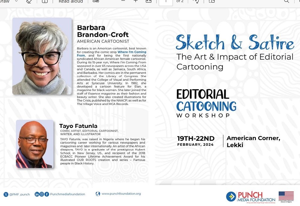 Meet day One and Two Facilitators: Barbara Brandon-Croft and Tayo Fatunla. 

#cartanng #Cartan #nigeriancartoonist #editorialcartooningworkshop #USinNigeria #punchmediafoundation