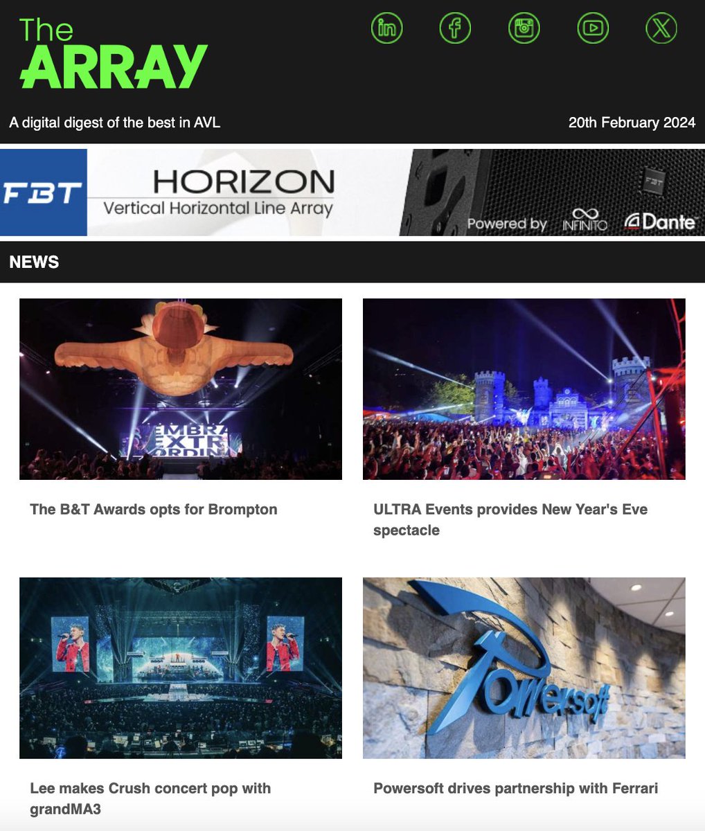 🚨 This week in The Array... 🚨

🔵 @BromptonTech | @MALighting | @DiGiCo_official | @AudientWorld | @JMCAcademy 

🟡 @UltraEvent | @powersoft_audio | @Ferrari | @XilicaSystems | @PROLABLLC 

Visit the links below to read more and subscribe to the newsletter ⬇️
