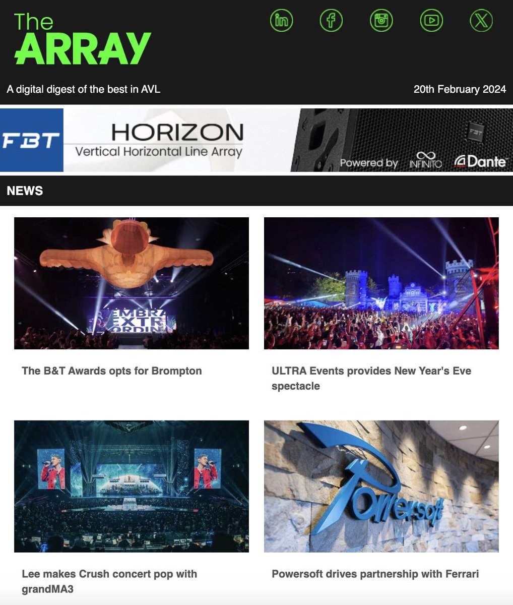 🚨 This week in The Array... 🚨

🔵 <a href="/BromptonTech/">Brompton Technology</a> | <a href="/MALighting/">MA Lighting</a> | <a href="/DiGiCo_official/">DiGiCo Consoles</a> | <a href="/AudientWorld/">Audient</a> | <a href="/JMCAcademy/">JMC Academy</a> 

🟡 <a href="/UltraEvent/">ULTRA Events</a> | @powersoft_audio | <a href="/Ferrari/">Ferrari</a> | <a href="/XilicaSystems/">Xilica</a> | <a href="/PROLABLLC/">PRO LAB LLC</a> 

Visit the links below to read more and subscribe to the newsletter ⬇️