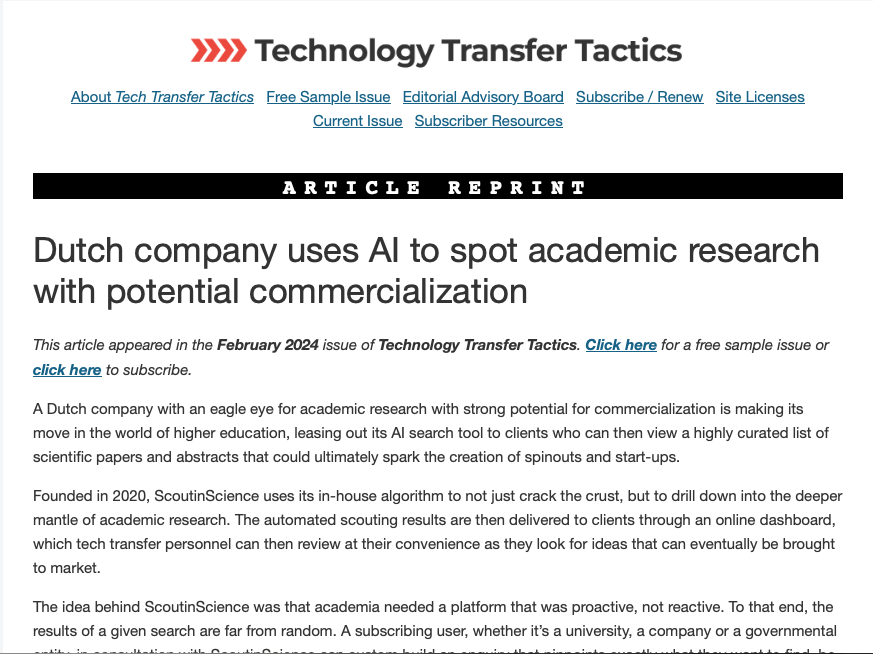 ScoutinScience's tweet photo. ScoutinScience featured by @TechTranTactics! 📰 

 🔗 Full story: https://t.co/zUYglBp4I0 #Innovation 

 #AI #TechnologyTransfer #Research https://t.co/qBGyIif9db