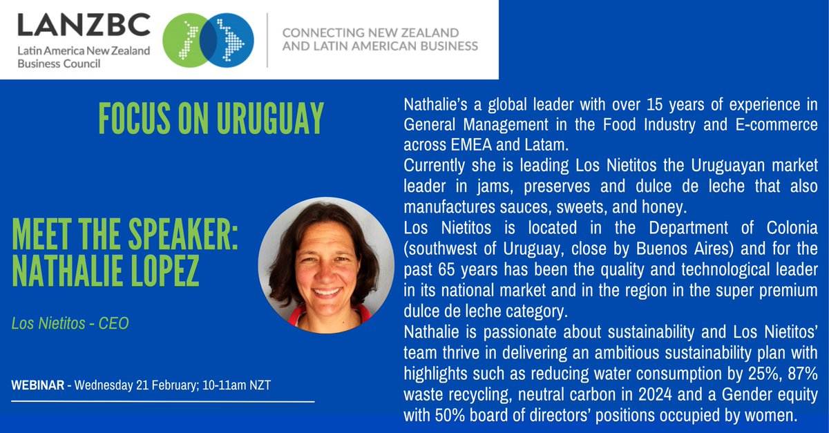 We are delighted to have Nathalie Lopez, Los Nietitos CEO, as one of our guest speakers at our Focus on Uruguay webinar. She will talk about supply chain, logistics and the partnerships with Barkers NZ. Don't miss it! To register: lnkd.in/gX82vKwh #uruguay #newzealand
