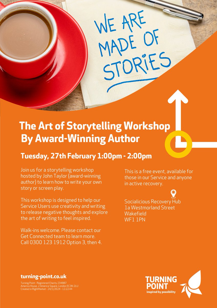 TurningPointIR's tweet photo. #workshopalert Experience the magic of storytelling &amp; learn how to develop a script at our Hub in #wakefield led by @JohnTaylorAuth1, #awardwinning author visiting us from @TurningPointUK DAWS (Drug and Alcohol Service) organised by our #InspiringFamilies Service. More details👇 https://t.co/spiEPH9g1X