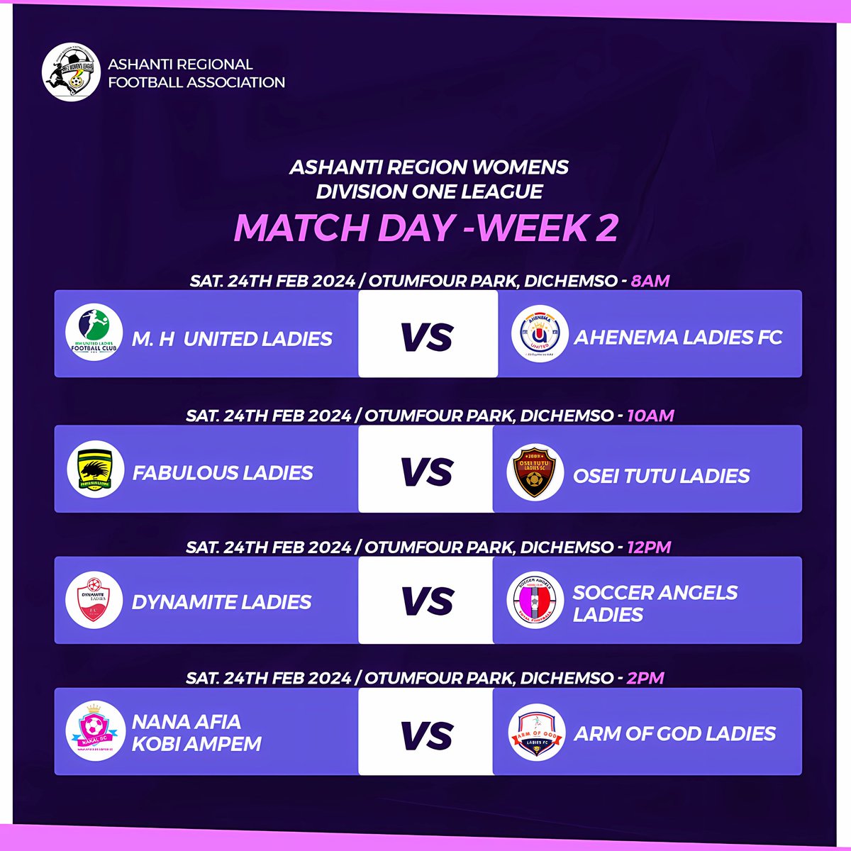 𝗠𝗮𝘁𝗰𝗵𝗱𝗮𝘆 𝟮 ⚔️

𝗛𝗲𝗿𝗲 𝘄𝗲 𝗴𝗼! ⚽️ 

#ARFAWomen #DivisionOne 🇬🇭