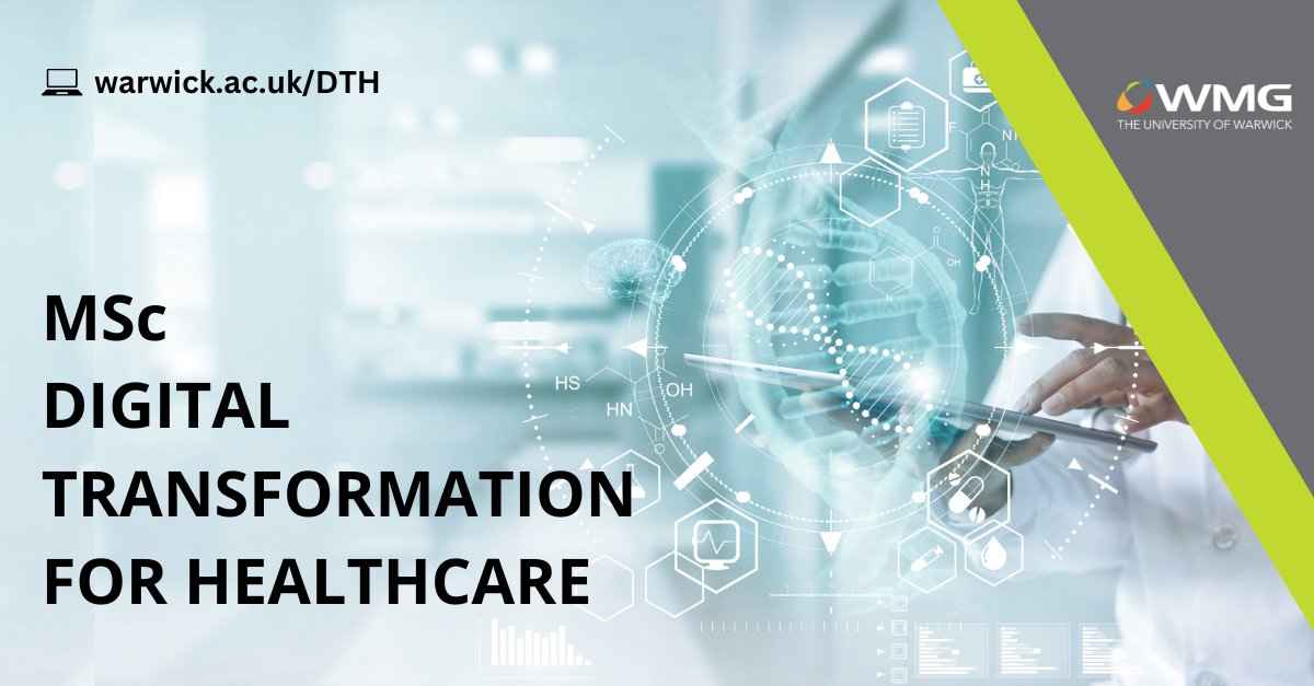 Introducing our new MSc Digital Transformation for Healthcare 📈🩺

Explore the latest tech shaping healthcare, collaborate with experts and lead innovation in the field. Apply now to be part of the future of healthcare warwick.ac.uk/dth

<a href="/wmgwarwick/">WMG</a> #DigitalHealth #StudyUK