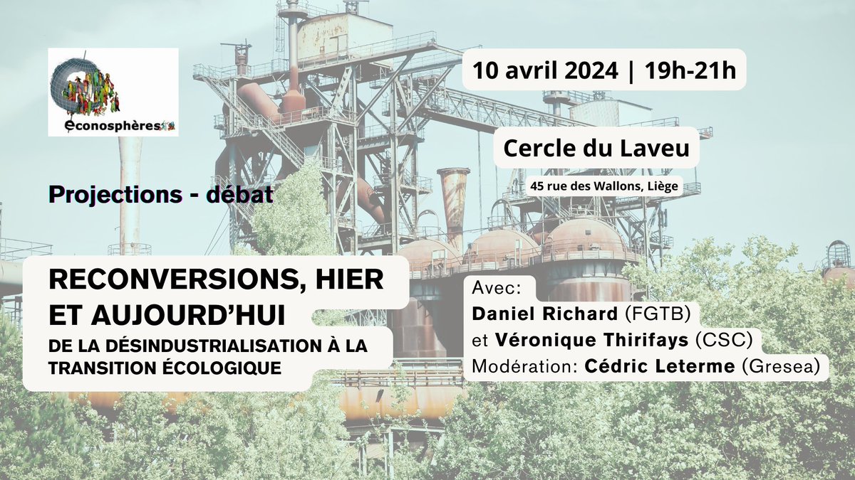 🎬🗣️[Projections-débat] Reconversions, hier et aujourd’hui - De la désindustrialisation à la transition écologique. 

Projection des documentaires « The Plan » et  « 40 ans de solidarité : les cellules de reconversion en Wallonie ».

👉Infos/inscriptions: urls.fr/yk5it6