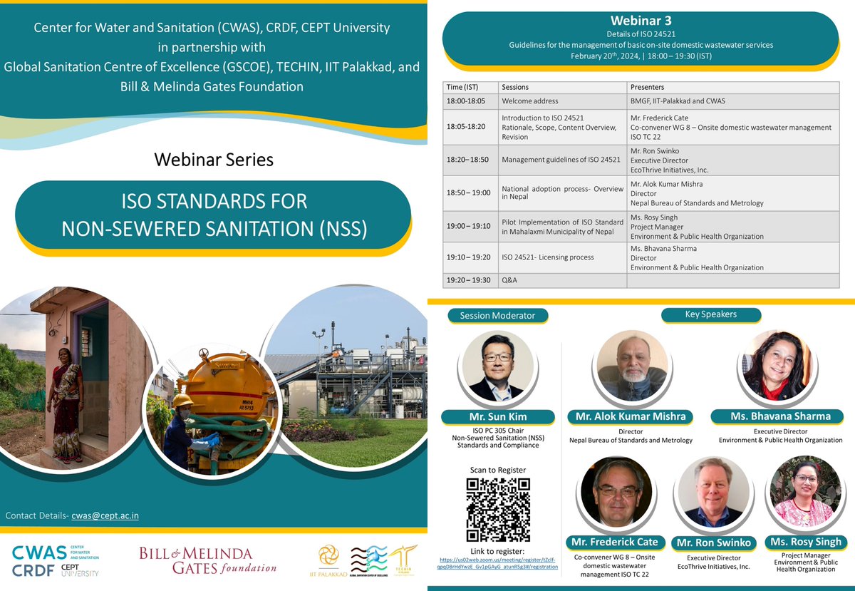 3 hours to go! Register for the 3rd webinar on 'ISO 24521: Guidelines for the management of basic onsite domestic wastewater services' of the webinar series on 'ISO standards for NSS',organized by CWAS- @CeptResearch, @BMGFIndia & GSCOE @PalakkadIIT Link:shorturl.at/fkvJ3