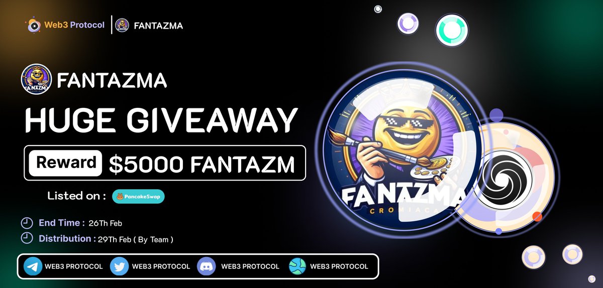 🎉Web3 Protocol X Fantazma Cromiaca Giveaway

🏆Prize Pool:- $5000 $FANTAZM ( Listed on Pancake)
 To Enter:- 
✔️Follow <a href="/Web3_Protocol/">Web3 Protocol</a> &amp; @fantazmacromiac
✔️Like and RT 3 friends 
✔️Fill form :- tinyurl.com/3a8erdh7

#Airdrop #Giveaway #Giveaways #FANTAZM #DYOR