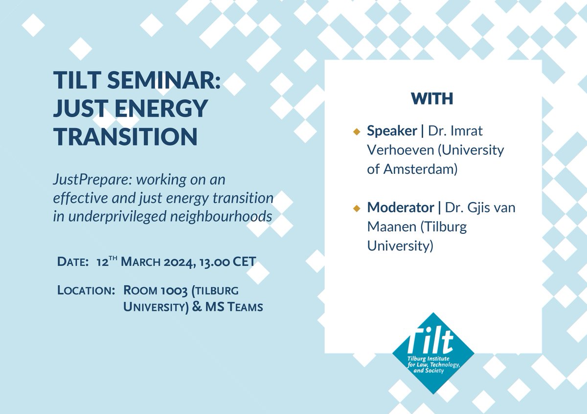 📅 Join us on 12 MAR 2024 for a #TILT seminar on the just #energytransition by Dr. @ImratVerhoeven (@UvA_Amsterdam) 

🔗 For more info: tilburguniversity.edu/about/schools/…
✍ Contact us at tilt-events@tilburguniversity.edu to register
(Attendance is free)!

#energypoverty  #energyjustice