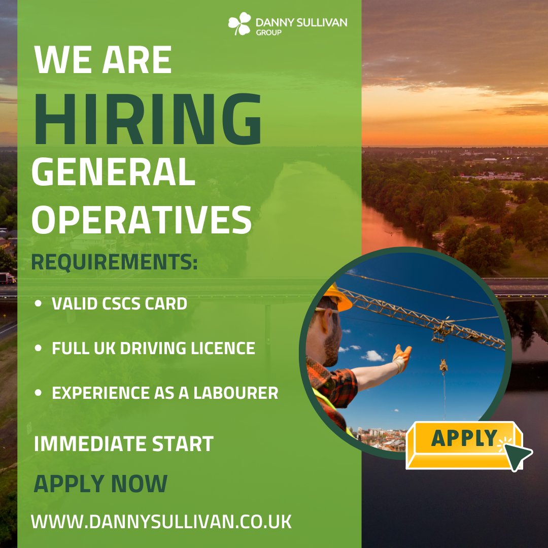DannySullivanCo's tweet photo. Are you ready to hit the ground running? 

We're looking for #GeneralOperatives to join us on our @balfourbeatty A66 project, #Penrith location. 

Send us your CV: recruitmentteam@dannysullivangroup.co.uk

Or apply here: https://t.co/PrJrq1xxBD

#wearehiring #constructionroles https://t.co/hxUNnZWomT