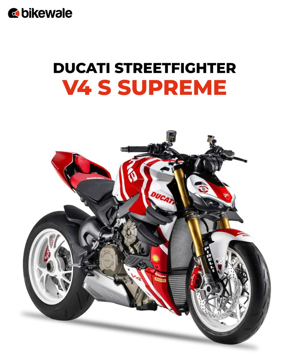 BikeWale's tweet photo. The new #DucatiStreetfighterV4 #SupremeEdition is draped in a red and white livery Supreme livery on the tank, front fender, rear seat cowl, and elsewhere. It differs only on the cosmetic front when put against the standard model.
#BWPhotos #Ducati #StreetfighterV4Supremeedition https://t.co/JLAjuSIZez