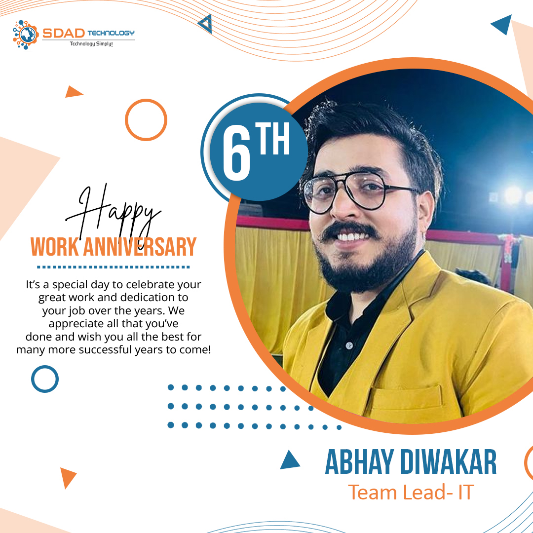 SdadTechnology's tweet photo. Cheers to 6 incredible years of #dedication, #passion, and #hardwork! #Happy #workanniversary, Abhay. Your commitment has been the driving force behind our success. 

#sdadtechnology #workcelebration #HappyWorkAnniversary #year #success #teamwork #workfun #workexperience #Team https://t.co/ZVE8kUfIsC