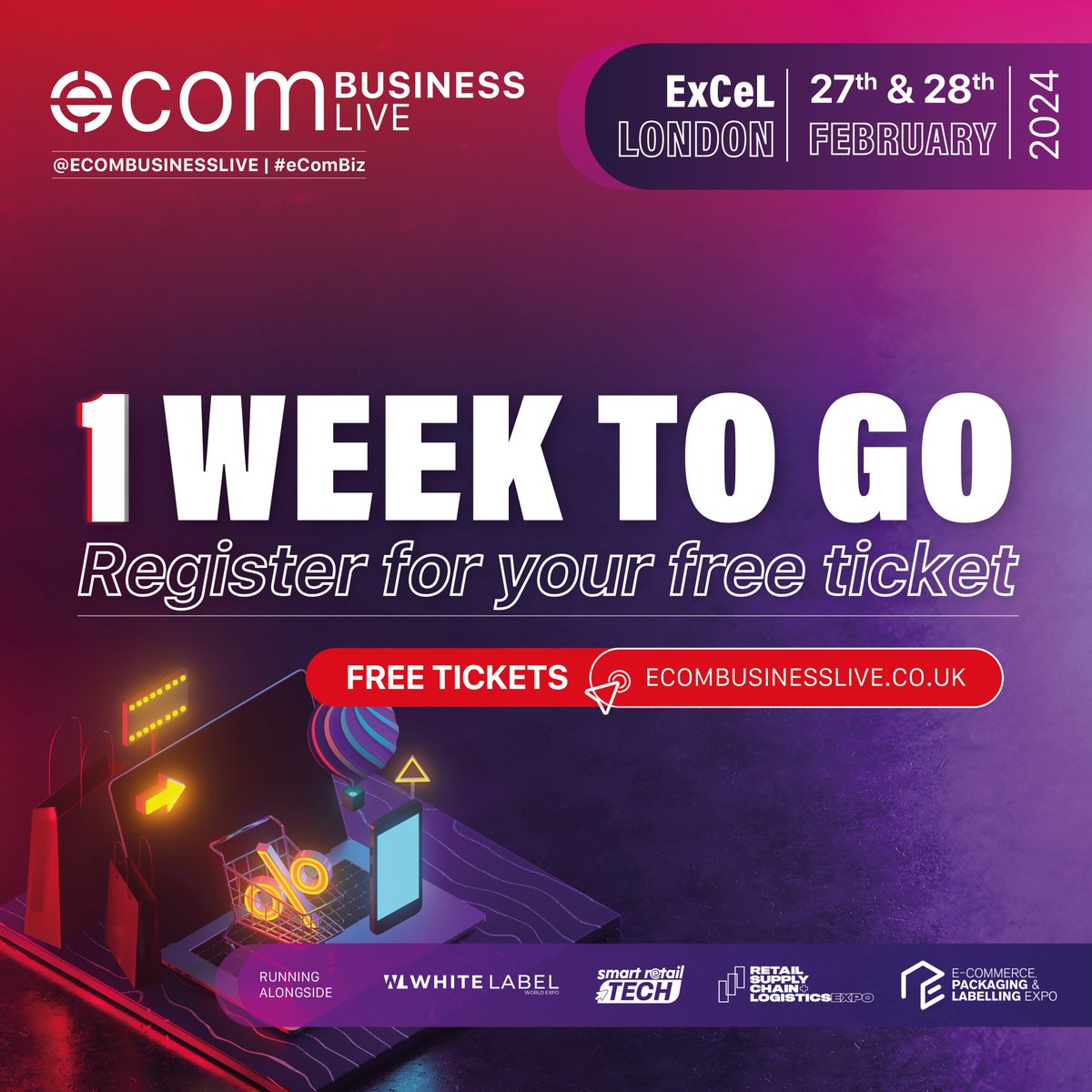 It's just 1 Week until eCom Business Live at ExCeL London! 🎉

Join thousands of eCommerce pros on the 27th &amp; 28th of February for business elevation!

🎟️ Secure your FREE tickets: lnkd.in/eT8HqRQn

See you there! #eComBiz #2024events #UKBusiness #Ecommerce