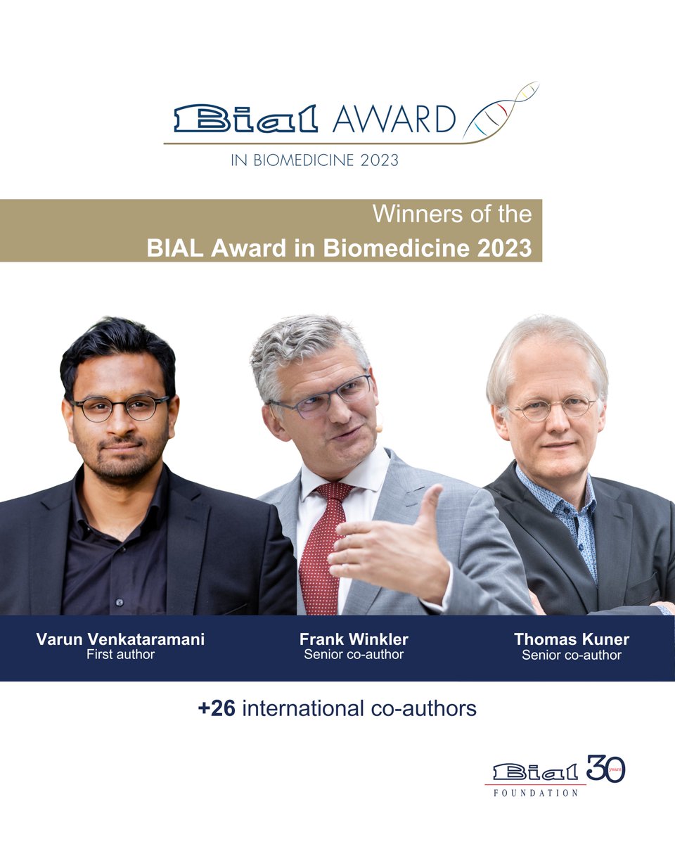 🏆And the winning paper of the #BIALAwardinBiomedicine 2023 edition is “Glutamatergic synaptic input to glioma cells drives brain tumour progression", published in 2019 in <a href="/Nature/">nature</a>, co-authored by 29 international researchers, led by <a href="/VarunVenkatara2/">Varun Venkataramani</a>, Frank Winkler-@Winkler_Lab,