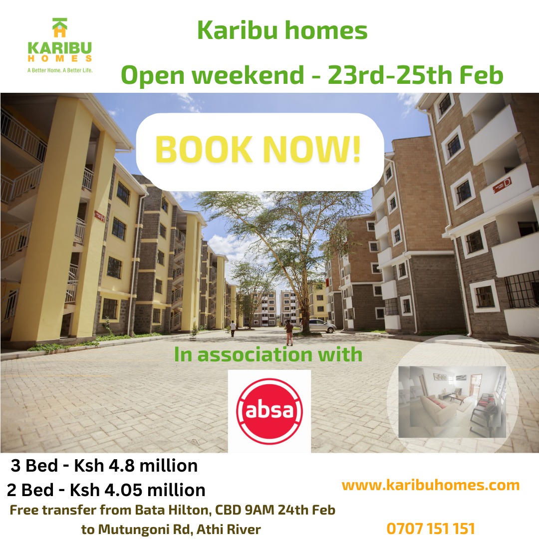 We have partnered with
<a href="/AbsaKenya/">Absa Bank Kenya</a> to make homeownership possible through their affordable housing rates. Join us for our open day this weekend from Friday  23rd to Sunday 25th, they will be onsite to advice on the various financing options available.