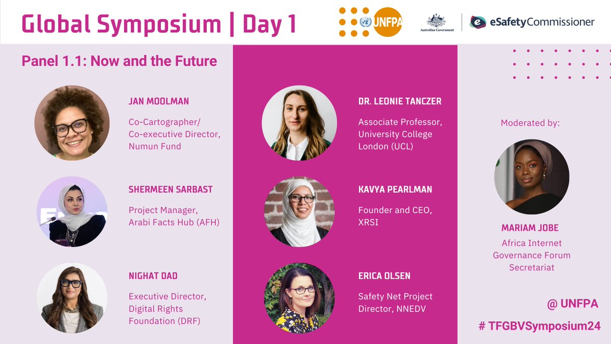 📢 We’re excited to announce the first panelists at the #TFGBVSymposium24! Don’t miss @endVAW, Shermeen Sarbast, @nighatdad, @leotanczt, @KavyaPearlman, Erica Olsen and @xo_maryaam at the first panel titled ‘Now and the Future’! #EndTFGBV @UNFPA @eSafetyOffice